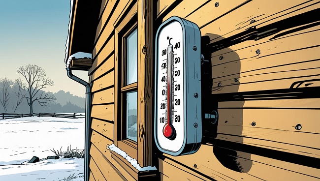 Thermomètre sur le mur d’une maison en bois par temps froid