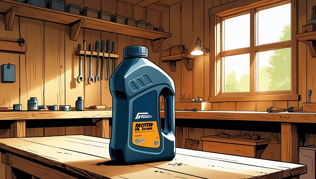 Une bouteille d’huile moteur sur un établi en bois