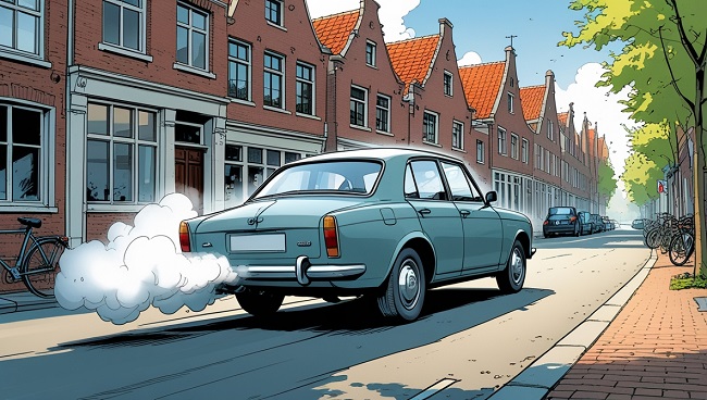 Une vieille voiture qui émet beaucoup de fumée blanche
