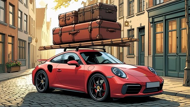 Voiture avec valises et échelle sur le toit