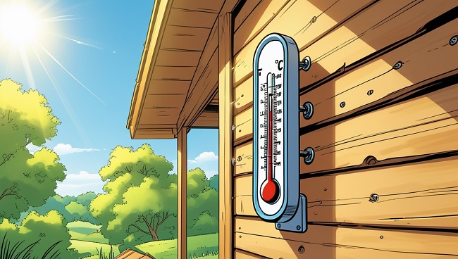 Thermomètre sur le mur d’une maison en bois par temps chaud