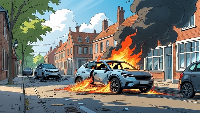 Une voiture en feu après un accident