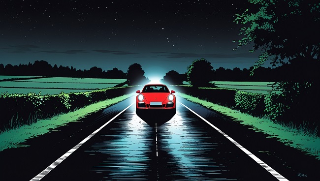 Voiture avec feux de croisement allumés sur une route sombre