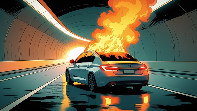 Voiture en feu dans un tunnel
