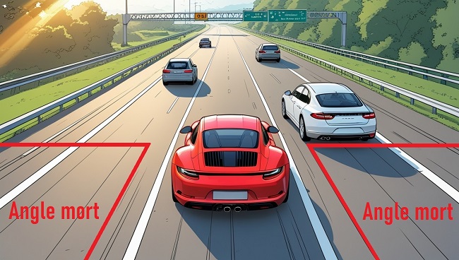 Illustration de l'angle mort autour d'une voiture, avec zones hachurées que le conducteur ne peut pas voir