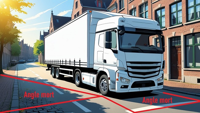Illustration de l'angle mort autour d'un camion, avec zones hachurées que le conducteur ne peut pas voir
