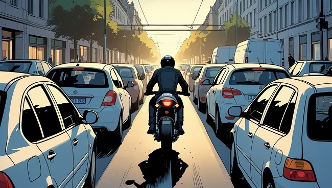 Motocycliste roulant entre les voies avec les quatre clignotants