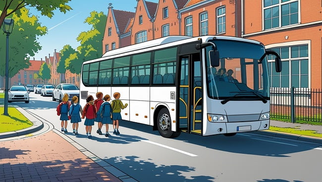 Des enfants descendent d’un bus côté rue