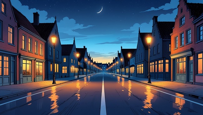 Une route éclairée au coucher du soleil dans un village