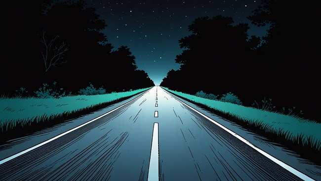 Une route sombre éclairée par les phares d’une voiture