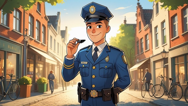 Politieagent die met een fluit een bestuurder bevelen geeft