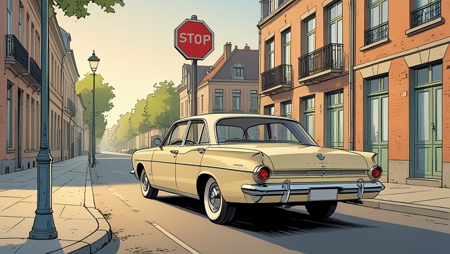 Illustration d’une voiture en Belgique en 1950 devant un panneau stop