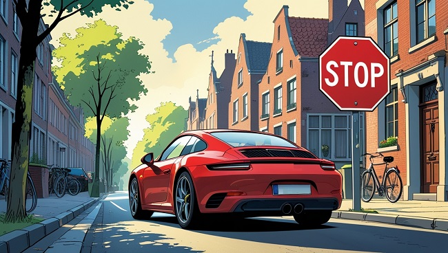 Illustration d’une voiture en Belgique en 2025 devant un panneau stop