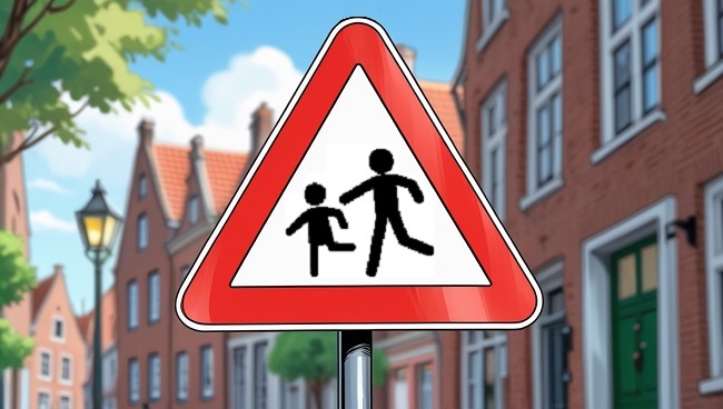 Le panneau A23 sur un poteau dans la rue