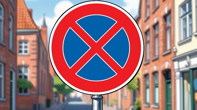 Le panneau E3 sur un poteau dans la rue