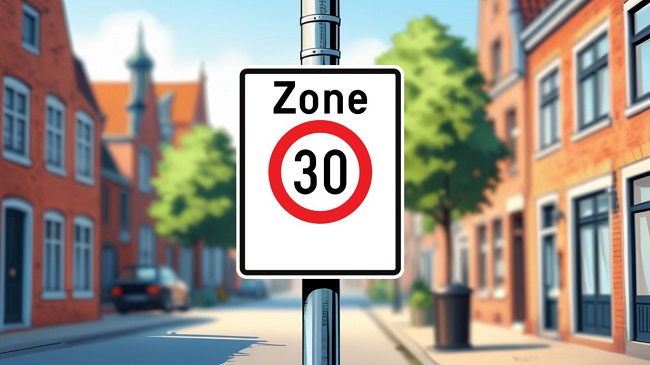Le panneau indiquant le début d’une zone de vitesse sur un poteau