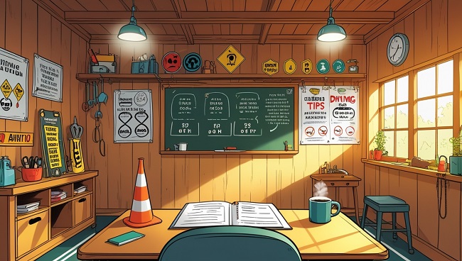 Une salle dans une maison en bois avec tableau noir et panneaux de circulation