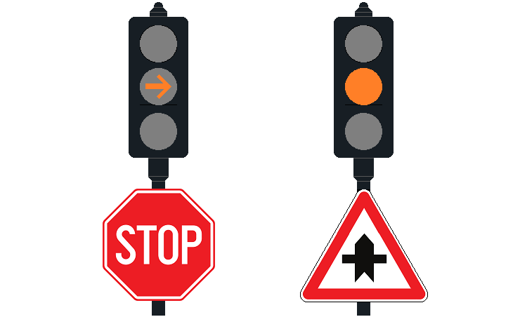 Oranje knipperlicht gecombineerd met voorrangsbord