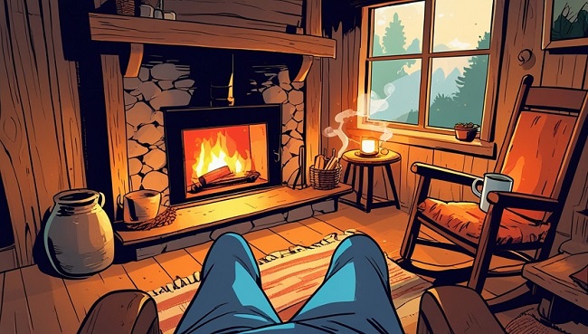 Un salon dans une maison en bois avec feu de camp et deux chaises en bois