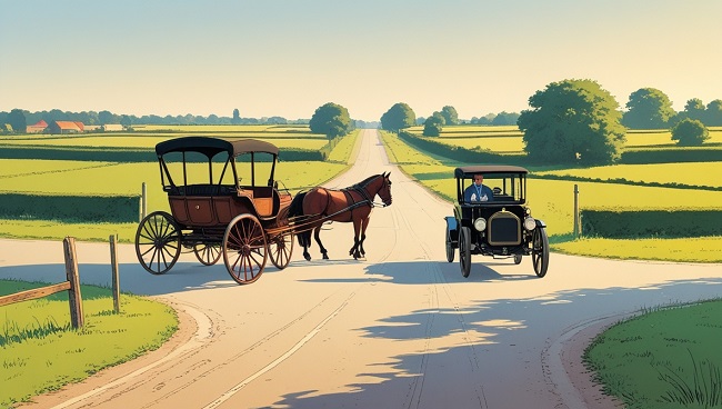 Carrefour historique avec une calèche et une automobile ancienne, à l’époque où il n’existait pas encore de règles de circulation fixes
