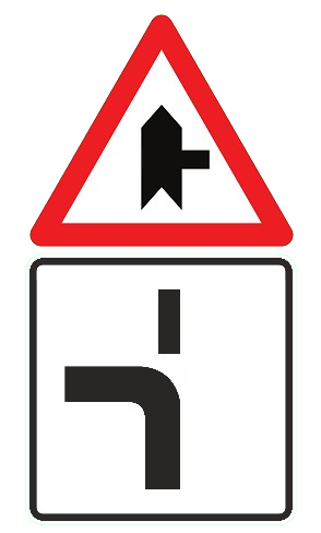 Panneau B15 avec panneau additionnel M59 indiquant le tracé de la route prioritaire
