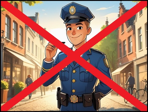 Policier avec sifflet barré d’une croix rouge
