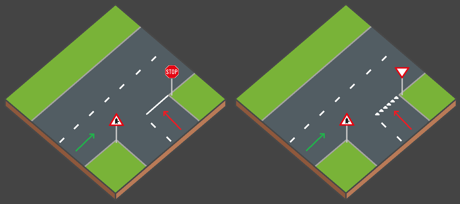 Modèle schématique avec panneau STOP illustrant une situation de priorité