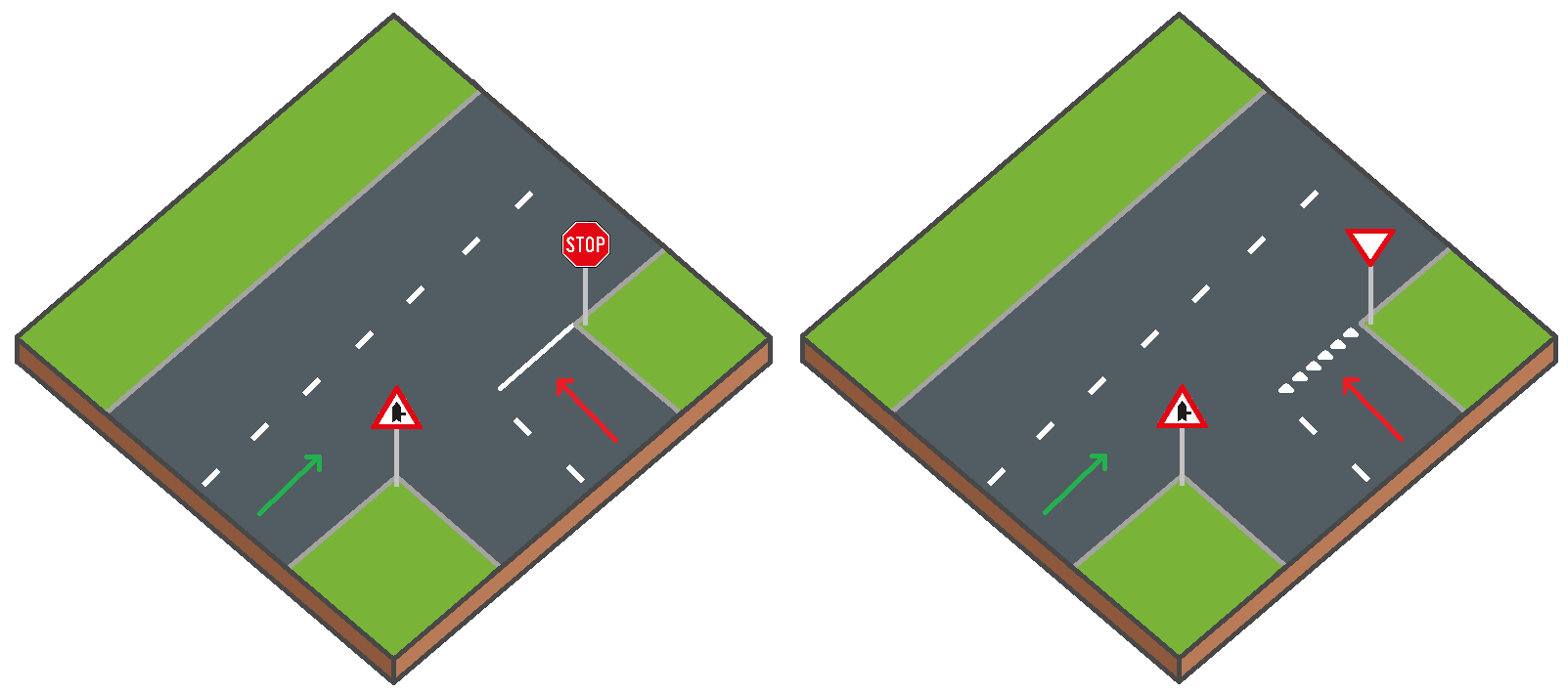Modèle schématique avec panneau STOP illustrant une situation de priorité