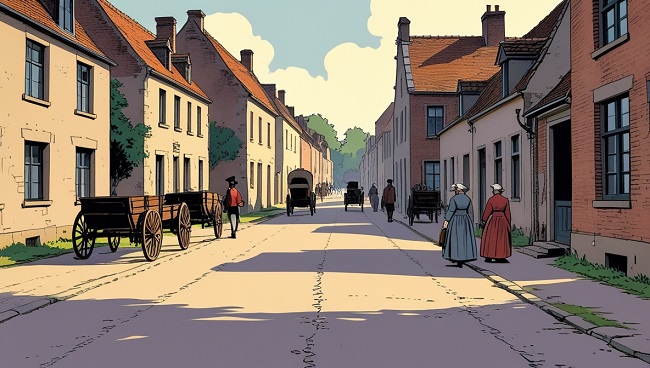 Rue animée au 18e siècle avec carrosses et piétons
