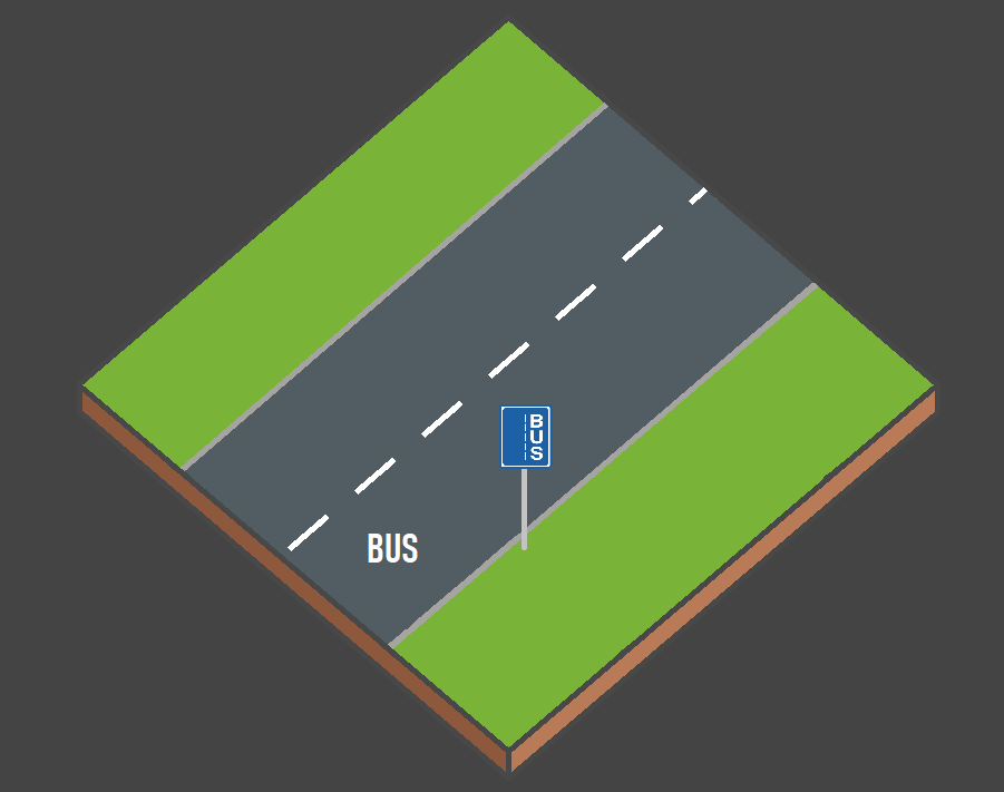 Marquage d'une bande bus avec large ligne blanche discontinue ou continue et inscription BUS