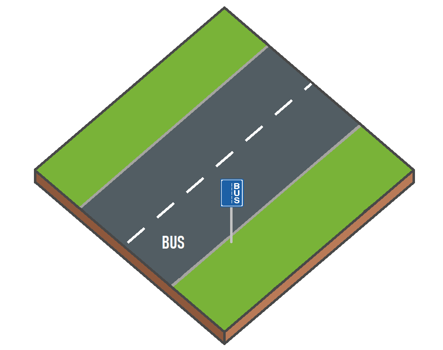 Marquage d'une bande bus avec large ligne blanche discontinue ou continue et inscription BUS
