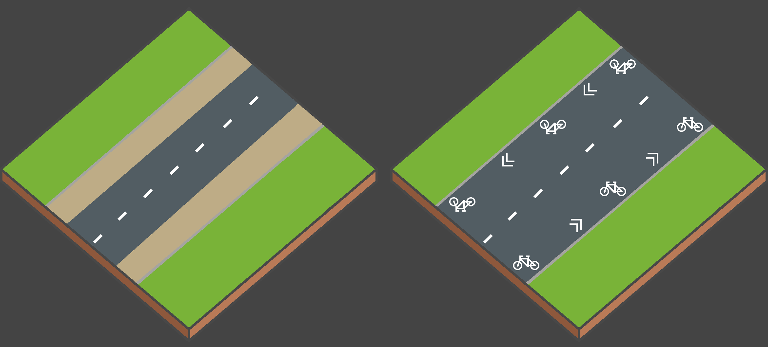 Deux types de bandes de suggestion pour cyclistes : bande colorée et symbole vélo avec flèche