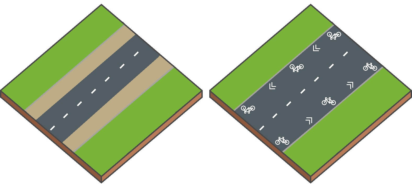 Deux types de bandes de suggestion pour cyclistes : bande colorée et symbole vélo avec flèche