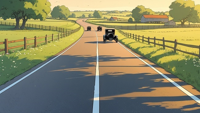Représentation historique d’une route américaine en 1911 avec les premiers marquages pour guider le trafic