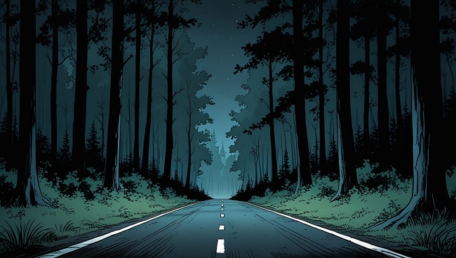 Une route dans la forêt la nuit sans éclairage