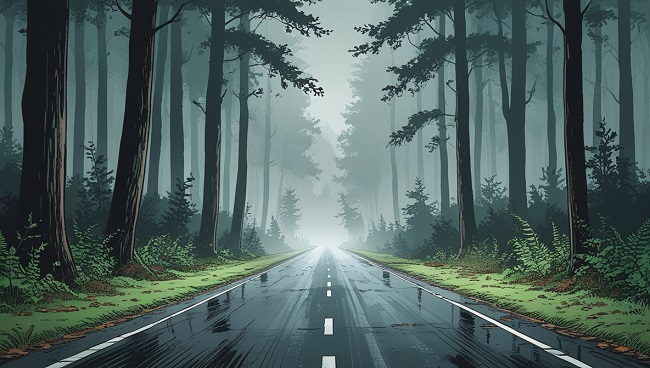 Une rue dans la forêt avec du brouillard