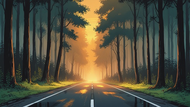 Une route dans la forêt au coucher du soleil