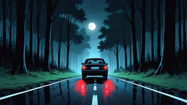 Une voiture roulant sur une route forestière la nuit