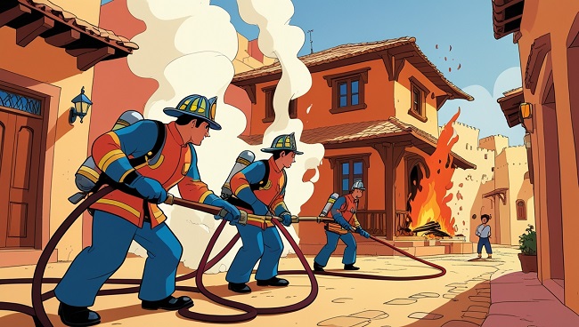 Un pompier règle la circulation devant un camion de pompiers aux feux clignotants