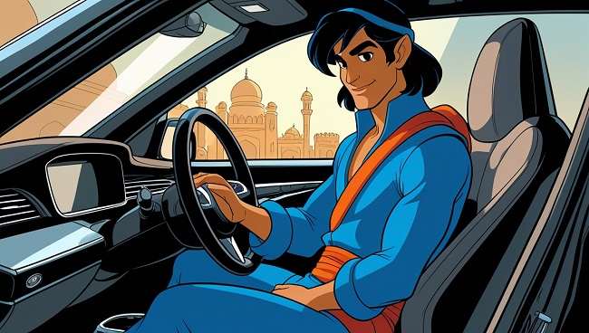 Aladdin est assis sur le siège du conducteur et ne porte pas sa ceinture de sécurité