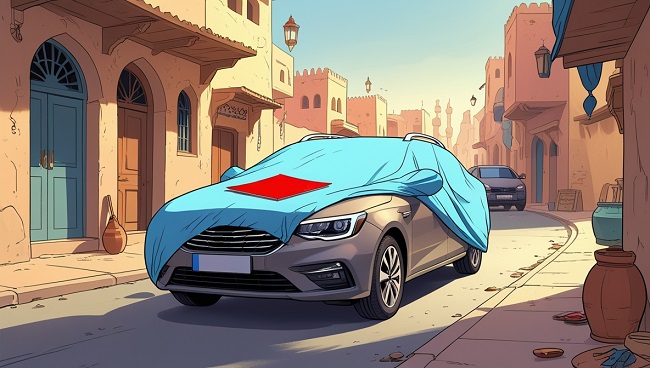 Une voiture sous une bâche bleue avec un document de contrôle rouge posé dessus