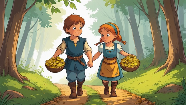Hansel et Gretel quittant la maison en pain d'épices avec un panier rempli d'or et de bijoux
