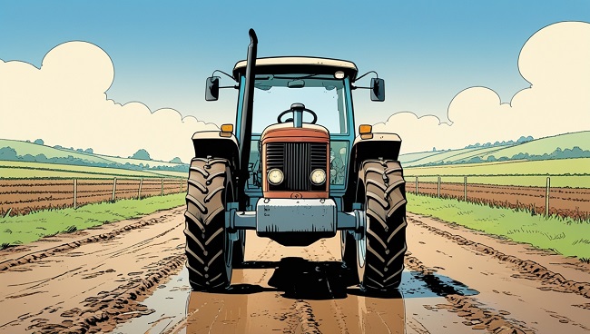Un vieux tracteur sur une route boueuse