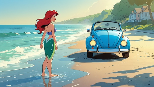 La petite sirène sur la plage avec le cabrio bleue