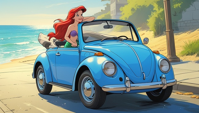 La petite sirène dans sa décapotable bleue