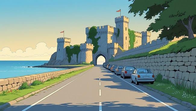 Une rue menant à une porte de château avec des voitures garées sur le bord