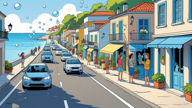 Une rue animée dans un petit village au bord de la mer