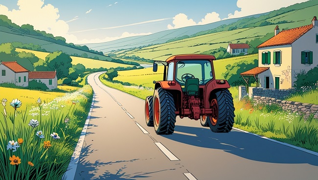 Un vieux tracteur sur une route de campagne
