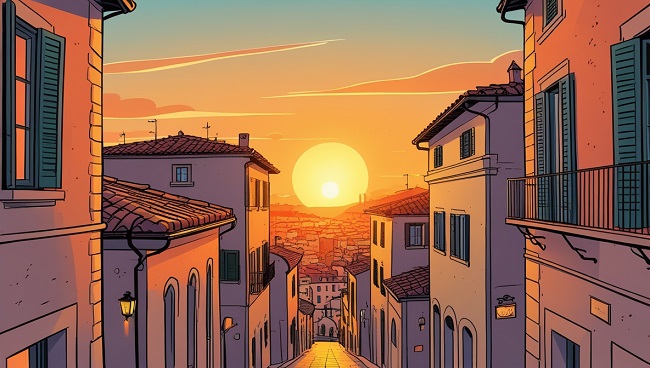 Vue sur une petite ville italienne au coucher du soleil