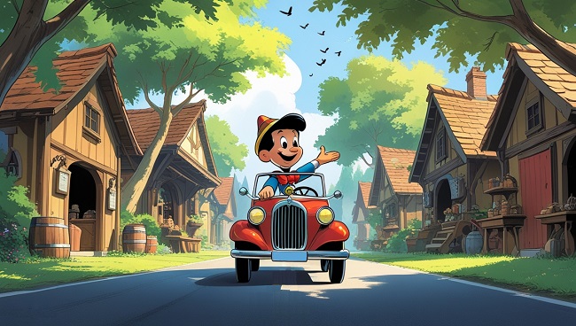 Pinocchio conduit une petite voiture